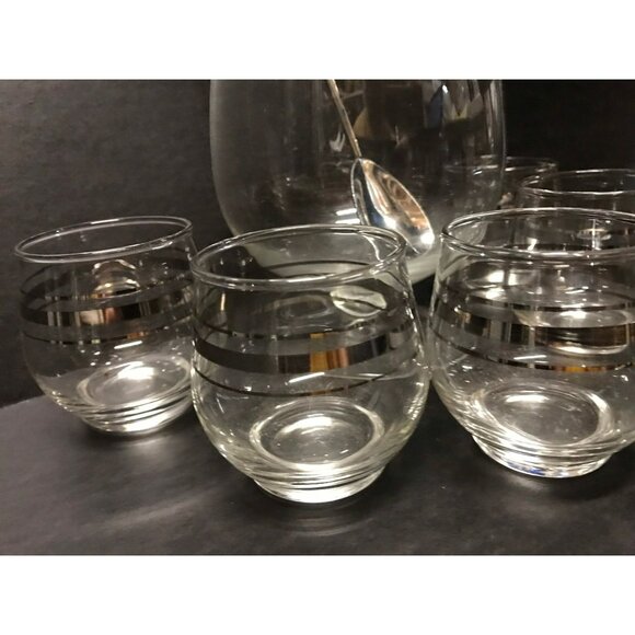 Vtg Set of Cocktail Mixer & Matching Glasses MCM Bar Ware Set Metal Spoon - Picture 5 of 6